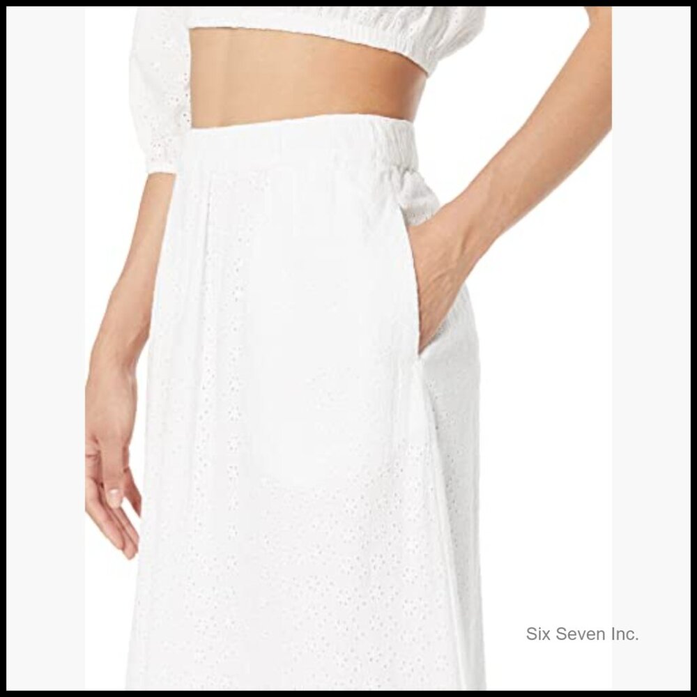 Cotton Eyelet Tiered Midi Skirt, Elastic Waist Pull-On Casual - Picture 3 of 7